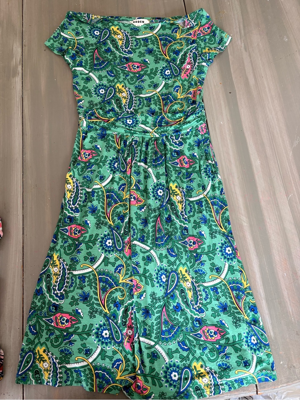 Boden Green Paisley Short-Sleeve Kids Dress with Pink and Yellow Accents